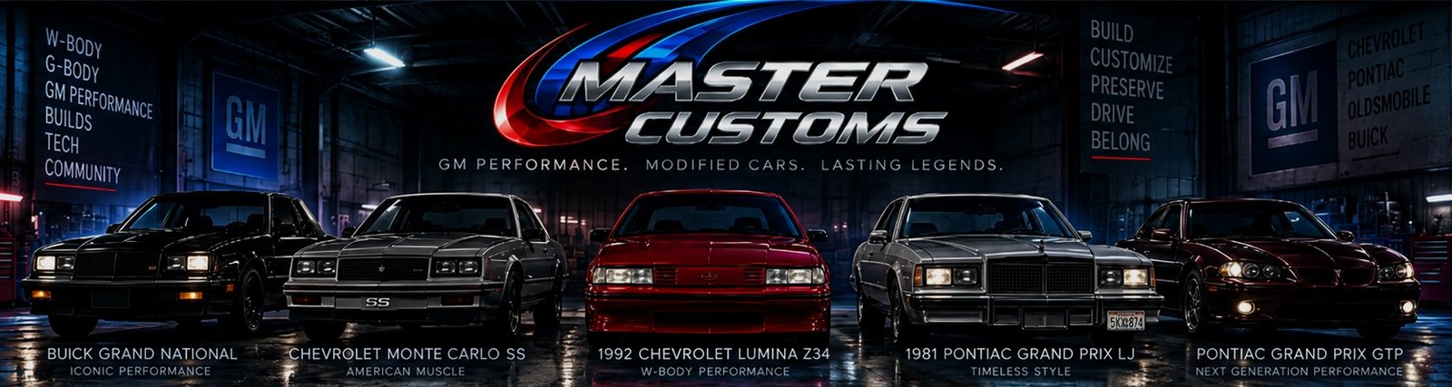 Dark garage lineup featuring a Buick Grand National, Chevrolet Monte Carlo SS, 1992 Chevrolet Lumina Z34, 1981 Pontiac Grand Prix LJ and Pontiac Grand Prix GTP
